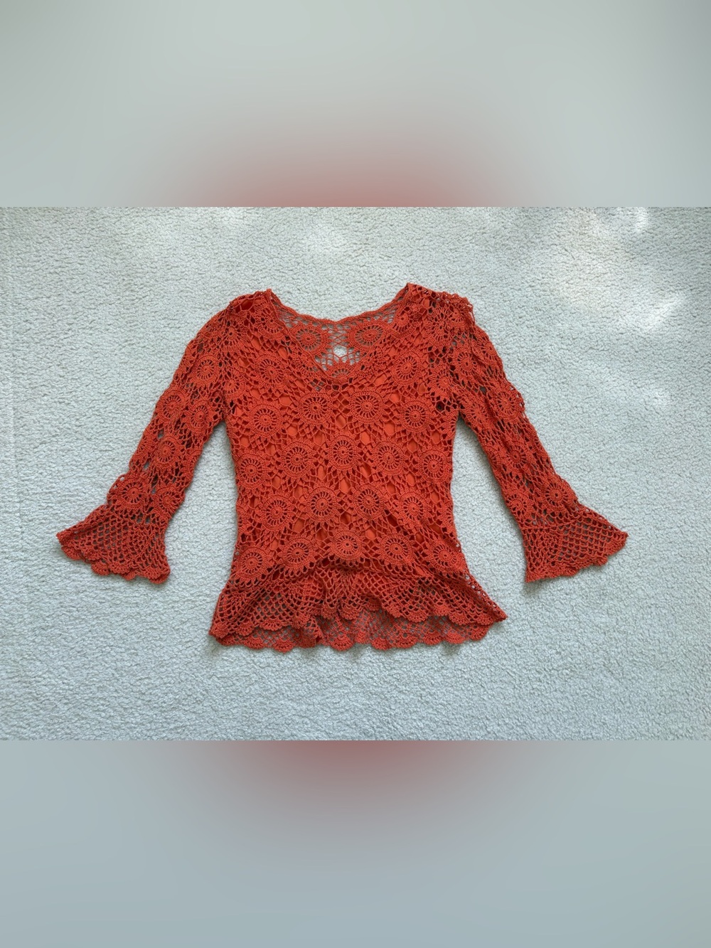 Vintage terracotta rustic orange earthy crochet lace flare sleeves boho top sz S